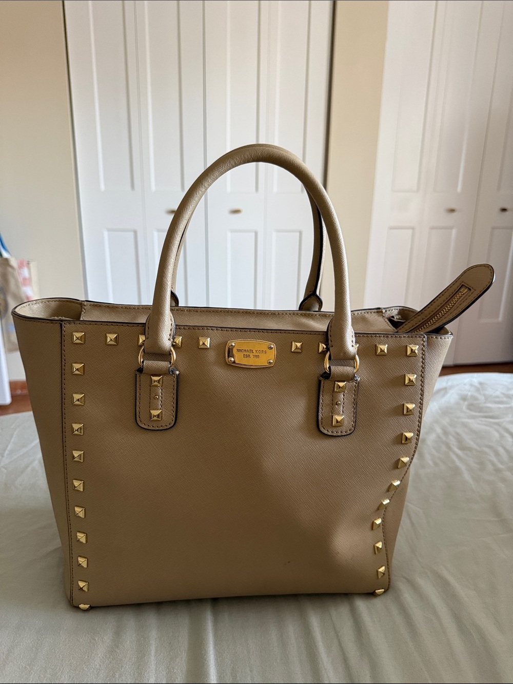 Michael Kors Taupe Saffiano Leather Stud Satchel